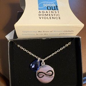 Avon Silver Infinity Necklace with Blue Teardrop